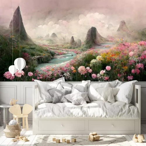 Fototapete Pastelllandschaft mit Fluss und Blumenwiese