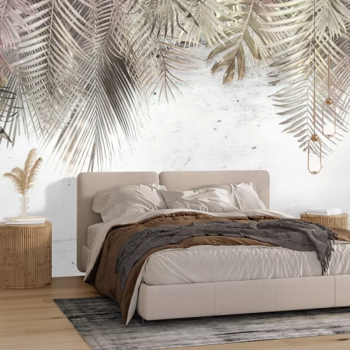 Fototapete 3D-Palmblätter hängen von oben auf einem Betonhintergrund
