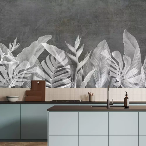 Fototapete Grunge wallpaper with leafs and plants on concrete background. Design for wallpaper, photo wallpaper, fresco, mural and other.