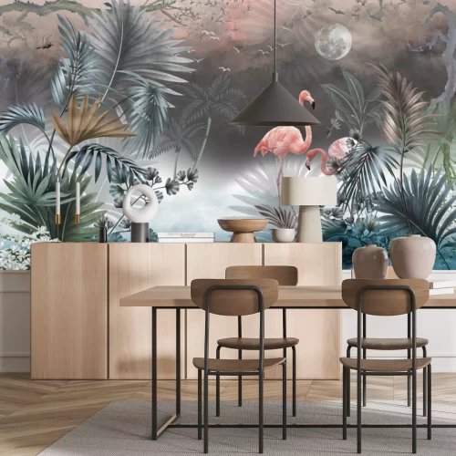 Fototapete Wilde Landschaft mit Flamingos, Mond und See