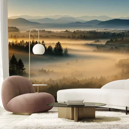 Fototapete Berglandschaft mit Wald im Sonnenaufgang