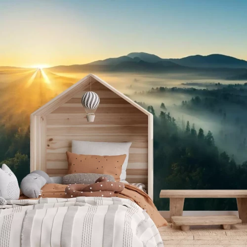 Fototapete Sonnenaufgang über einer nebligen Waldlandschaft