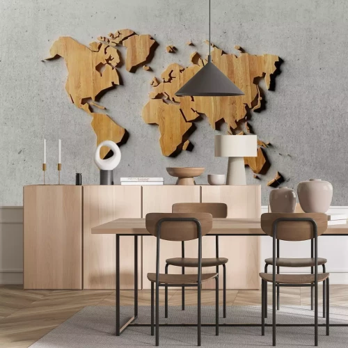Fototapete Eine hölzerne Weltkarte im Industriestil