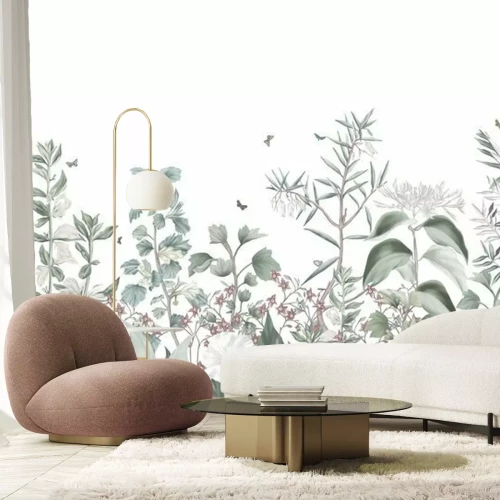 Fototapete Flowers and plants wallpaper design in pastel tones, pattern design, isolated on white background, textile fabric, oil painting, brush texture, mural art.