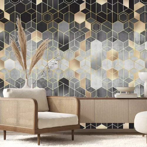 Fototapete Geometric abstraction of hexagons on a black and white relief background with gold elements. Mural for interior painting. Wall painting.