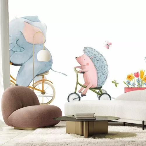 Sticker Beautiful stock illustration with watercolor hand drawn cute animals on transport.