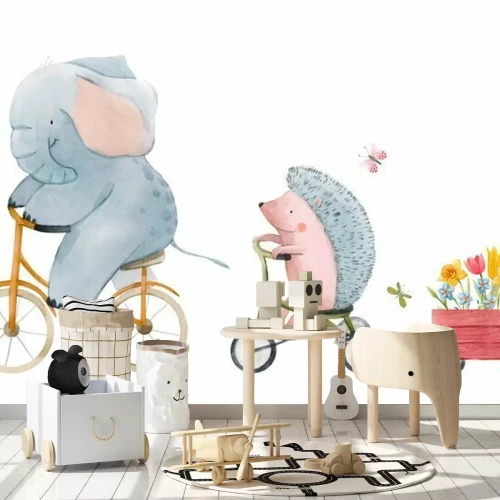 Sticker Beautiful stock illustration with watercolor hand drawn cute animals on transport.