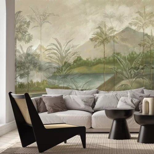 Fototapete Tropical landscape wallpaper design with oil painting effect, lake and mountain, vintage view, palm and banana trees, mural art.