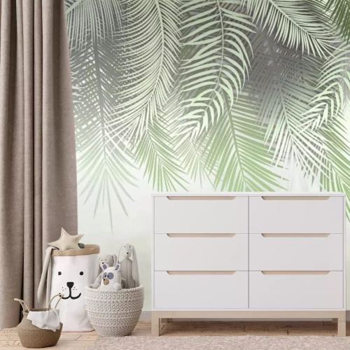 Fototapete Neblige Palmblätter an der Wand