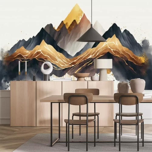 Sticker Minimalistic mountain landscape with watercolor gold brush and texture in traditional oriental, Japanese style. Vector illustration