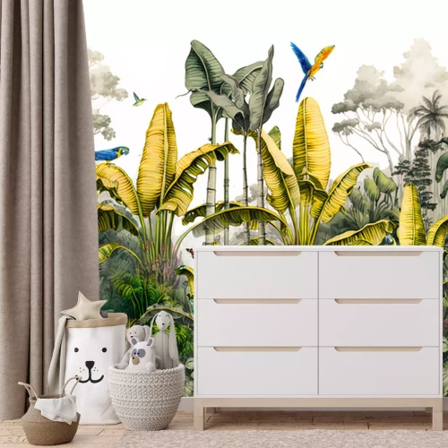 Fototapete Tropische Pflanzen und Papageien im Dschungel