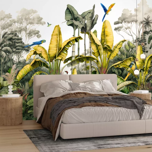 Fototapete Tropische Pflanzen und Papageien im Dschungel