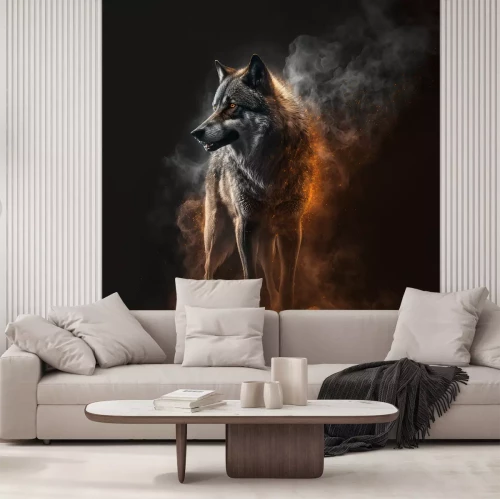 Fototapete Ein Wolf in einer Rauchwolke auf schwarzem Hintergrund