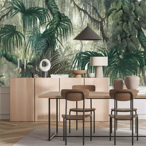 Fototapete Tropical plants and trees on a textural background photo wallpaper in the interior