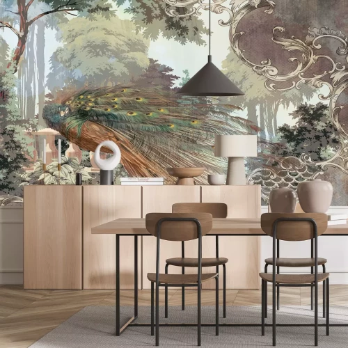 Fototapete Wunderschöner Pfau Zwischen Blättern im Vintage-Stil