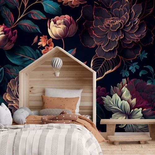 Fototapete Blumenmuster auf dunklem Hintergrund