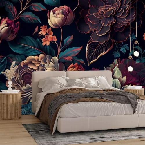 Fototapete Blumenmuster auf dunklem Hintergrund