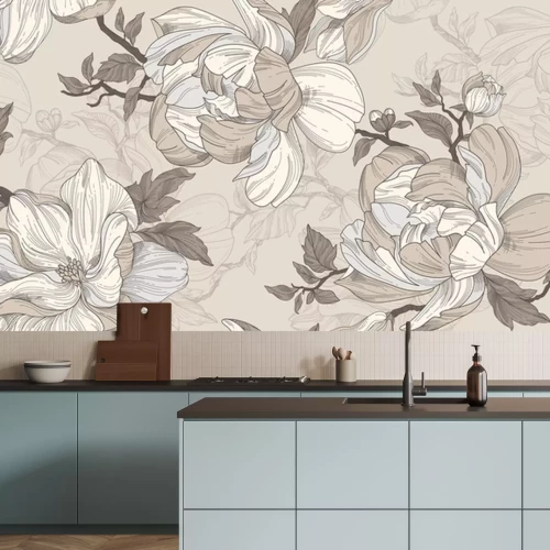 Fototapete Seamless wallpaper pattern. Beige and silver flowers, leaves and branches. Textile composition, hand drawn style print.