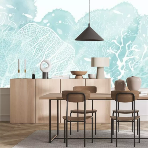 Fototapete Marines Muster mit Korallen und Fischen in Blau