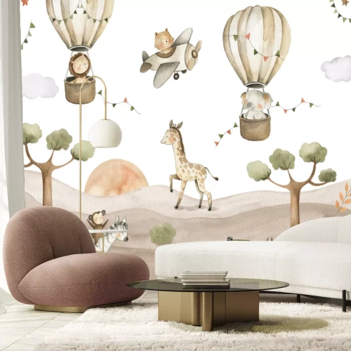 Fototapete Safari Animals Baby Watercolor Illustration with lion, zebra, giraffe, monkey and elephant in hot air balloons