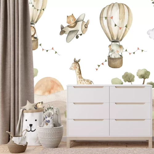 Fototapete Safari Animals Baby Watercolor Illustration with lion, zebra, giraffe, monkey and elephant in hot air balloons