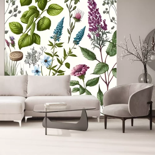 Fototapete Wilde Blumen und Kräuter auf weißem Hintergrund