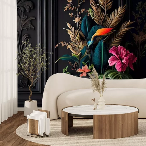 Fototapete Dunkler Stuck und exotische 3D-Blumen