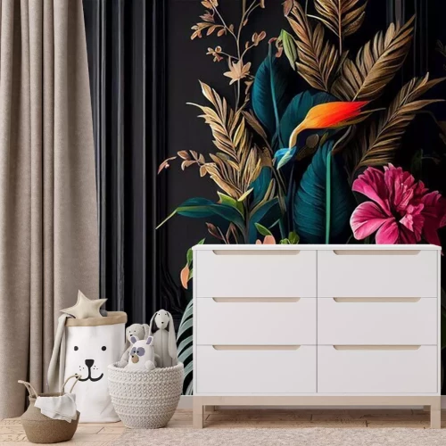 Fototapete Dunkler Stuck und exotische 3D-Blumen