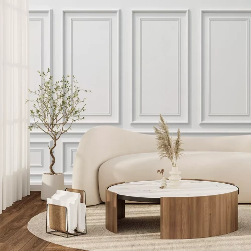 Fototapete Classic wall of white wood panels. Design and technology