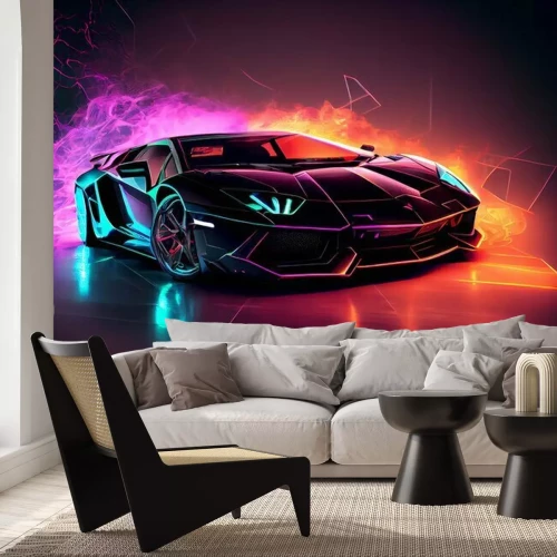 Fototapete Sportwagen auf neonfarbenem Hintergrund