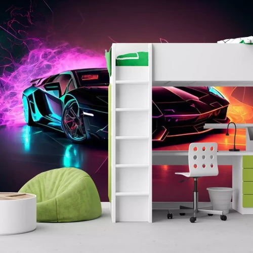 Fototapete Sportwagen auf neonfarbenem Hintergrund