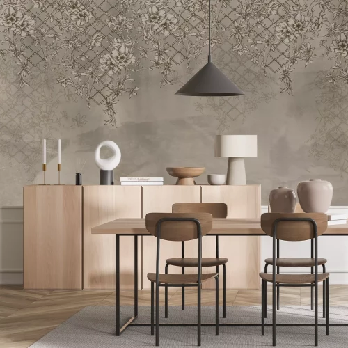 Fototapete Kletterpflanzen mit Blumen in Beigetönen