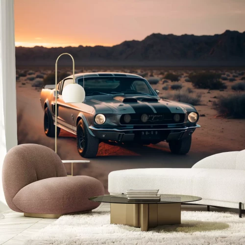 Fototapete Ford Mustang Shelby GT500, American Muscle Car, in the desert at sunset