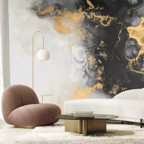 Fototapete Schwarz-weiße Marmorstruktur mit goldenen Akzenten