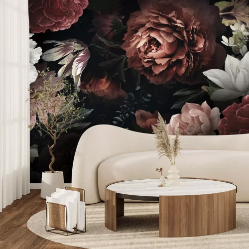 Fototapete Pfingstrosen, Rosen und Andere Blumen auf Schwarzem Hintergrund