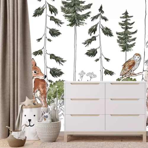 Fototapete Niedliche Tiere im Aquarellwald