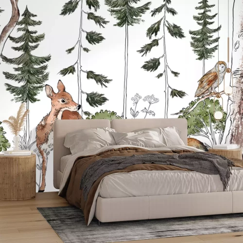 Fototapete Niedliche Tiere im Aquarellwald