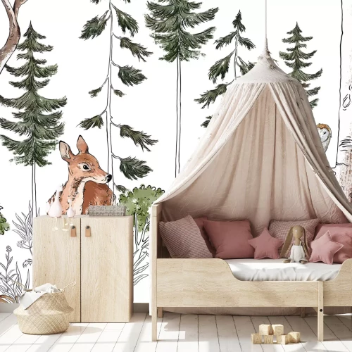 Fototapete Niedliche Tiere im Aquarellwald