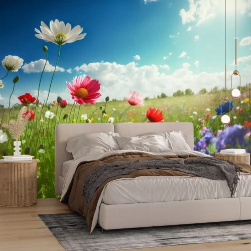 Fototapete Illustration of a flower meadow in spring. Generative AI.