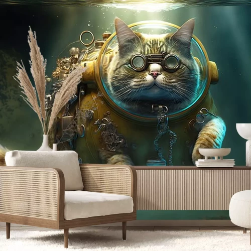Sticker illustrata scuba diving steampunk cat swimming in the ocean illustration generative ai