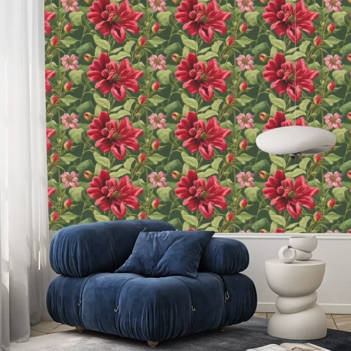 Tapete Rote Blumen in einem grünen Garten