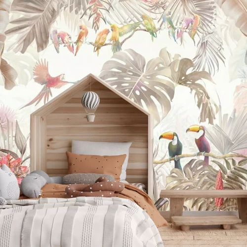 Fototapete Tropical vintage botanical landscape, palm tree, plant, palm leaves, birds, parrots.