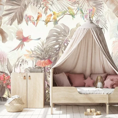 Fototapete Tropical vintage botanical landscape, palm tree, plant, palm leaves, birds, parrots.