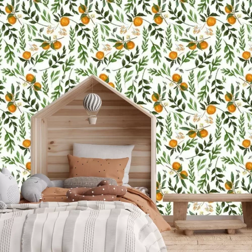 Fototapete Orange pattern design, leaf and fruit wallpaper design, seamless pattern, oil painting texture, mural art.