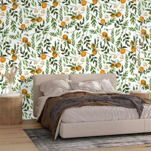 Fototapete Orange pattern design, leaf and fruit wallpaper design, seamless pattern, oil painting texture, mural art.