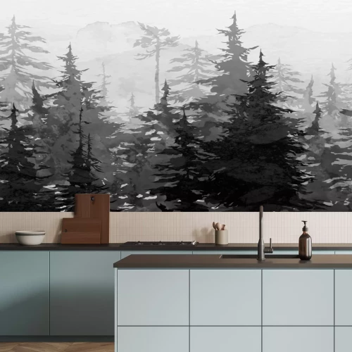 Fototapete Schwarz-weißer Aquarellgebirgswald