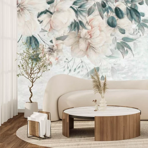 Fototapete Rosen und grüne Blätter auf strukturiertem Hintergrund