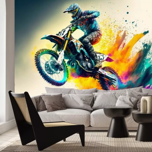 Fototapete Dirt bike rider doing a big jump. Supercross, motocross, high speed. Sport concept. Digital art