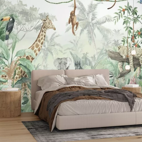 Fototapete Illustration von Wildtieren in einem dichten Dschungel