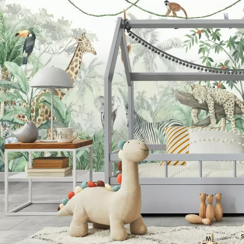 Fototapete Illustration von Wildtieren in einem dichten Dschungel